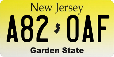 NJ license plate A82OAF