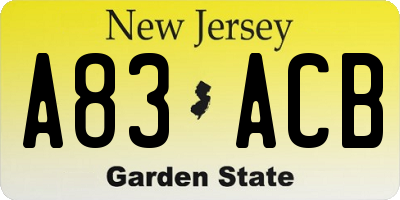 NJ license plate A83ACB