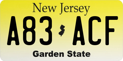 NJ license plate A83ACF