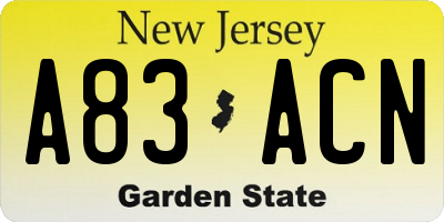 NJ license plate A83ACN