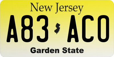 NJ license plate A83ACO