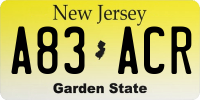 NJ license plate A83ACR