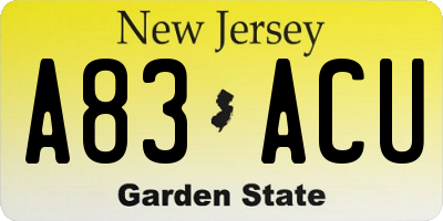 NJ license plate A83ACU