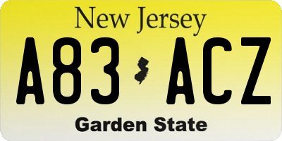 NJ license plate A83ACZ