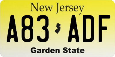 NJ license plate A83ADF
