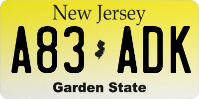 NJ license plate A83ADK