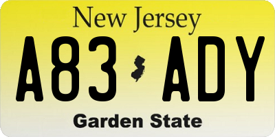 NJ license plate A83ADY