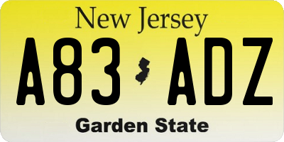 NJ license plate A83ADZ