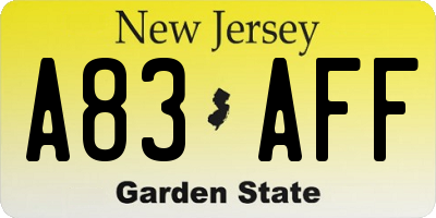 NJ license plate A83AFF