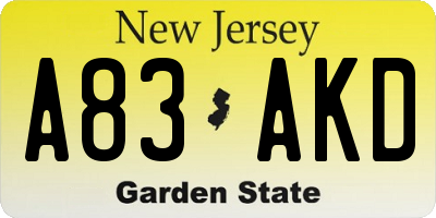 NJ license plate A83AKD