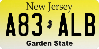 NJ license plate A83ALB