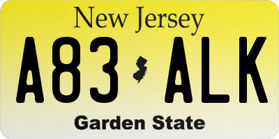 NJ license plate A83ALK