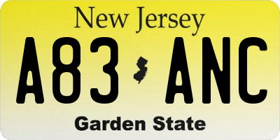 NJ license plate A83ANC