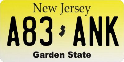 NJ license plate A83ANK