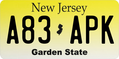 NJ license plate A83APK