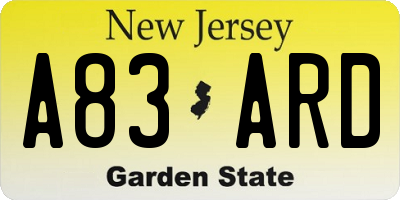 NJ license plate A83ARD