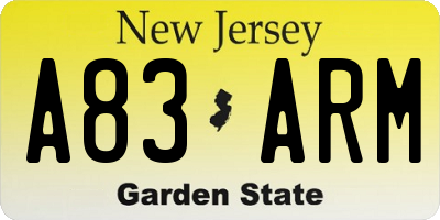 NJ license plate A83ARM