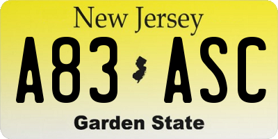 NJ license plate A83ASC