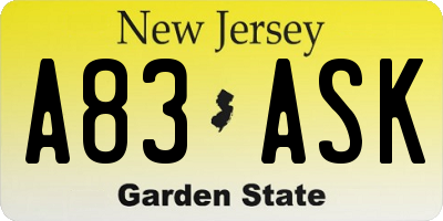 NJ license plate A83ASK