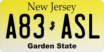 NJ license plate A83ASL