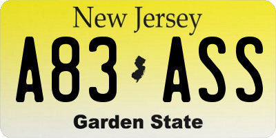 NJ license plate A83ASS