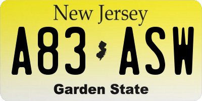 NJ license plate A83ASW