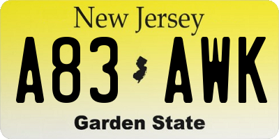NJ license plate A83AWK