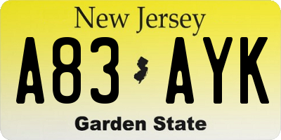 NJ license plate A83AYK