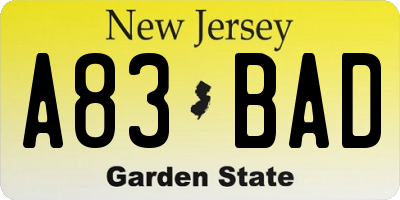 NJ license plate A83BAD