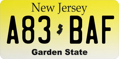 NJ license plate A83BAF