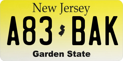NJ license plate A83BAK