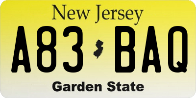 NJ license plate A83BAQ