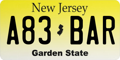 NJ license plate A83BAR