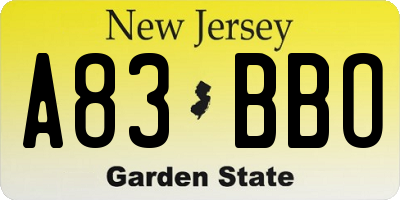 NJ license plate A83BBO