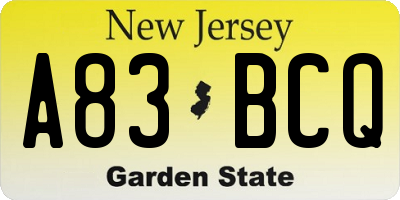 NJ license plate A83BCQ
