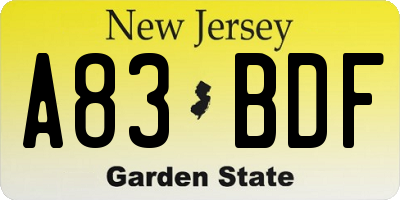 NJ license plate A83BDF
