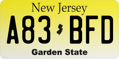 NJ license plate A83BFD