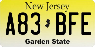 NJ license plate A83BFE