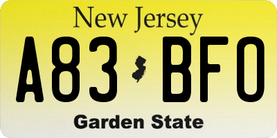 NJ license plate A83BFO