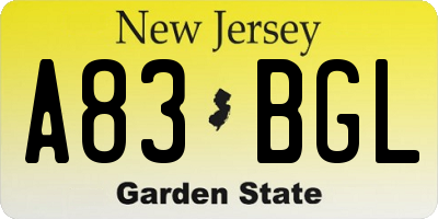 NJ license plate A83BGL