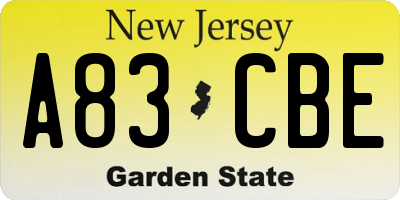 NJ license plate A83CBE