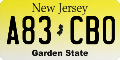 NJ license plate A83CBO