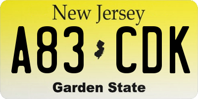 NJ license plate A83CDK