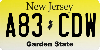 NJ license plate A83CDW