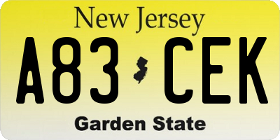 NJ license plate A83CEK