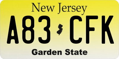 NJ license plate A83CFK
