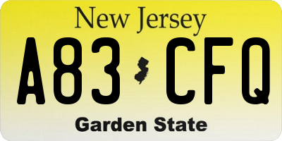 NJ license plate A83CFQ