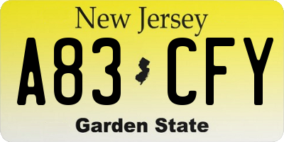 NJ license plate A83CFY