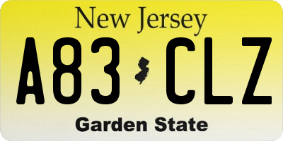 NJ license plate A83CLZ