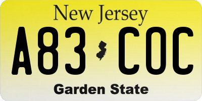 NJ license plate A83COC